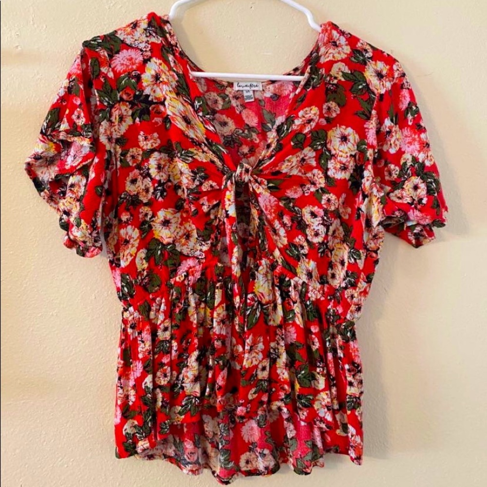 red floral front tie top